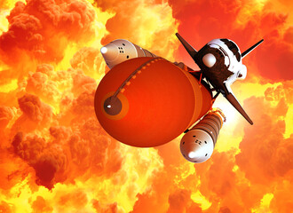 Space shuttle launch in the clouds of fire. 3d illustration. - 788673302