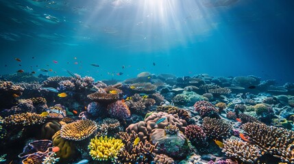 Underwater coral reef landscape background  in the deep blue ocean with colorful fish and marine...