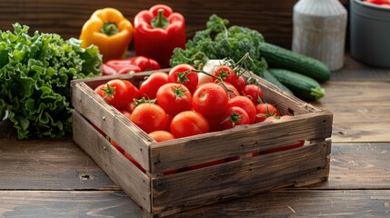 Set fresh raw vegetables on wooden box isolated on wooden table background. AI generated image