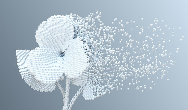 White digital flower viola disintegrates to 3d pixels. 3d illustration.