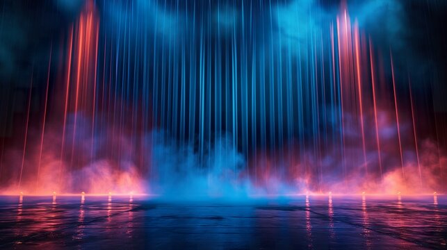 Stage curtain ray spotlight theatre entertainment, majestic theatrical drapes and spotlights in smoky ambiance for drama, stage curtain ray spotlight theatre entertainment