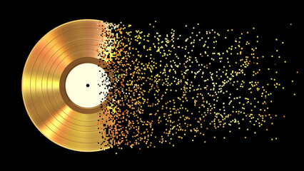 Iridescent gold vinyl disk crumbles into pixels. 3d illustration. - 788673507