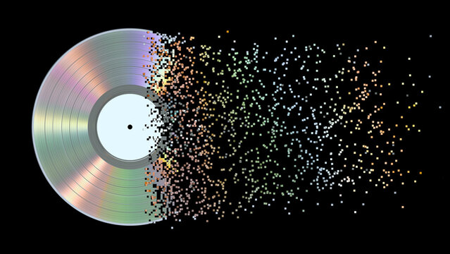 Iridescent platinum vinyl disk crumbles into pixels. 3d illustration.