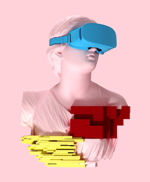 3D glitch of the head of a young woman with VR glasses. 3d illustration.