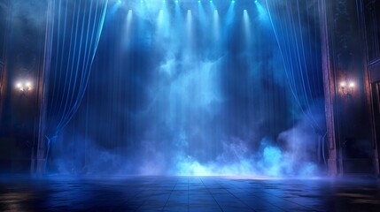 Stage curtain ray spotlight theatre entertainment, ethereal blue curtains with dramatic lighting, ideal for arts performance, stage curtain ray spotlight theatre entertainment