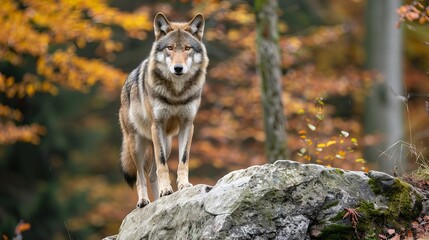 Wolf is standing on the rock in Bayerischer Wald National Park, Germany