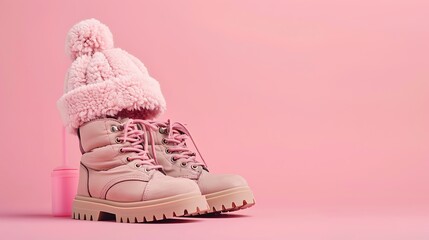 Kids jacket hat and boots for a girl on a pink background