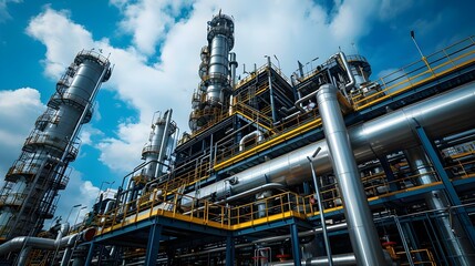 Sleek Petrochemical Plant Under Blue Skies. Concept Industrial Photography, Petrochemical Industry, Infrastructure Photography, Blue Skies Theme, Modern Architecture