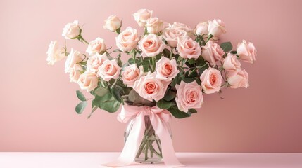 A stunning display of pink roses arranged in a vase with a delicate satin bow set against a soft pastel pink background on a tabletop Perfect for occasions like birthdays weddings Mother s 
