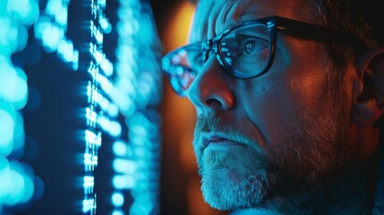 Criminal Hacker in hoody Looking at a virtual Screen while sitting at desk with computer monitors in Dark Room