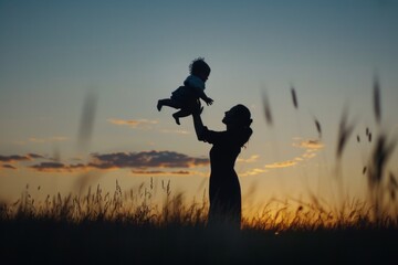 mother lifting child in air, cinematic shot, field background, golden hour