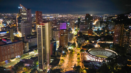 aerial view of Bogota, Colombia, in the color night that the mixes with the lights in the city.