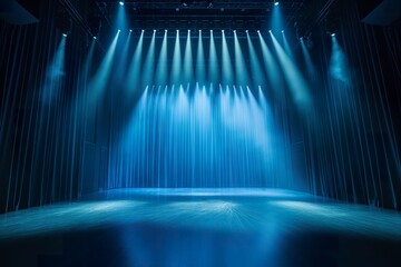 Blue stage curtain with spotlights. scene, stage light with colored spotlights and smoke. Stage on the dark floor with lights on the perimeter. theater stage Art concept