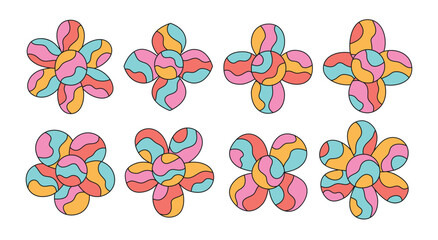 Groovy bright cartoon hippie patterned flowers. Hippie 60s, 70s style daisies