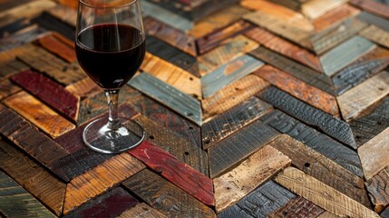  Two glasses of red wine on separate wooden tables