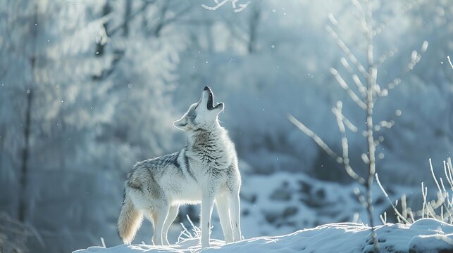 Wolf's howling in the winter forest, magic moment. Blurry background with white forest