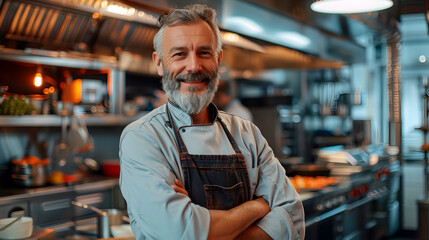 Portrait of a middle-aged male chef in a professional kitchen looking at the camera and smiling cheerfully. Generative Ai