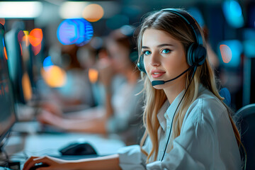 Portrait of a young woman in her 20s working in a call center. She is looking at the camera. Generative Ai.