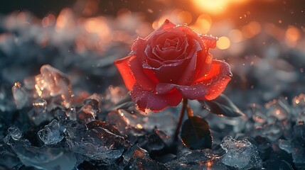   A solitary red rose atop icy rock pile, sun illuminating behind