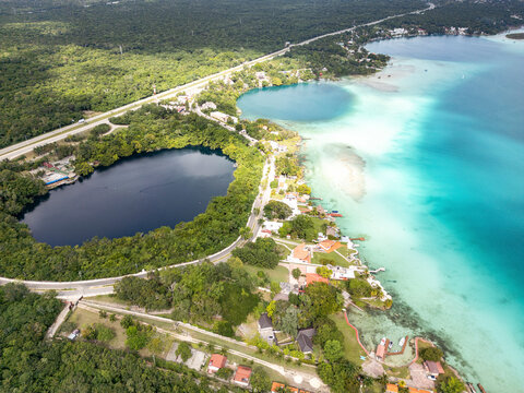 Aerial View of Bacalar Lagoon with Cenotes, Quintana Roo, Mexico.