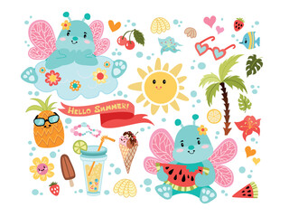 Set of cute summer icons: food, drinks, palm leaves, fruits and cute butterflies. Bright summertime poster. Collection of scrapbooking elements for beach party. Kids stickers on white background.