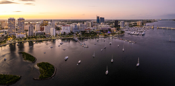 Aerial view of Palm Beach city port at sunset, West Palm Beach Public Dock, Florida, United States.