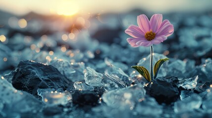   A solitary pink bloom atop ice-coated boulders, beneath a radiant sun - obrazy, fototapety, plakaty