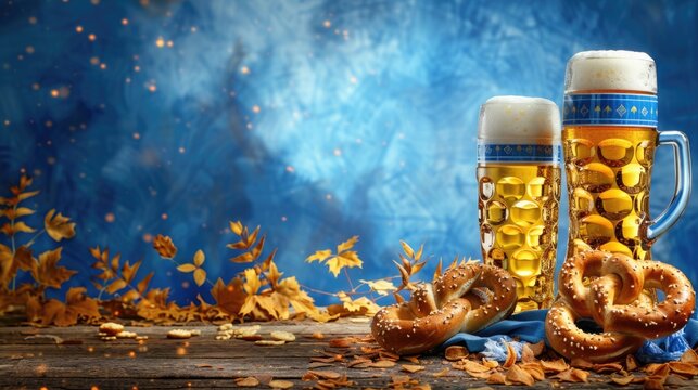 traditional german beer festival background with Bavarian blue and white lozenges, pretzels, and wheat beer glasses