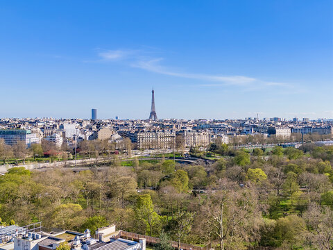 Aerial view of downtown Paris with Eiffel Tower and Seine River, Neuilly-sur-Seine, France.