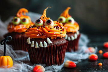 A tray of cupcakes with monster faces on them. The cupcakes are decorated with frosting and candy, and they are arranged in a row. The cupcakes have different colors and designs - obrazy, fototapety, plakaty