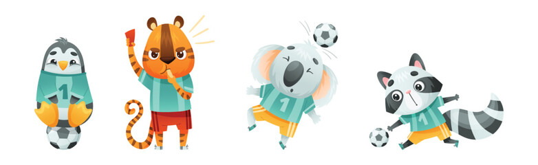 Animal Character Playing Football or Soccer Vector Set