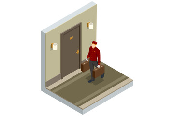 Isometric Porter with Baggage, Bellhop in Uniform. A porter carries suitcases of hotel guests to their room. Enjoy the Holiday and Vacation.