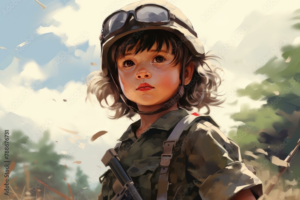 Canvas Prints Resilient Soldier military kid in war destroyed territory. Little boy in the middle of devastated city buildings. Generate ai