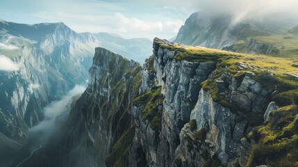 a rocky cliff with grass on top - obrazy, fototapety, plakaty