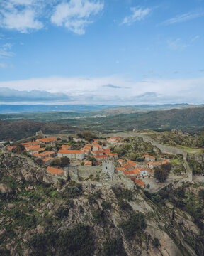 Aerial view of Sortelha Village with stunning sunset, Guarda, Portugal.