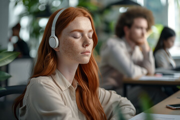 Red-haired woman listening to music