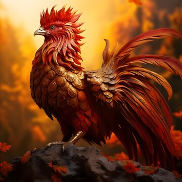 Portrait of a Golden Phoenix Standing Gracefully