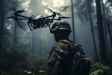 Stealthy Soldier drone forest cyber. Army war. Fictional person. Generate Ai