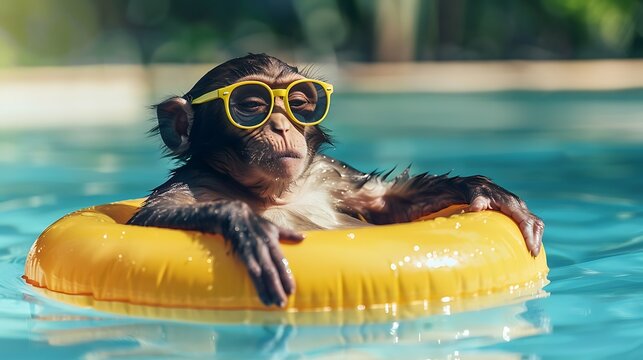 Loosening up monkey with shades swimming in the pool on an inflatable yellow circle