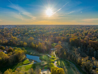 Aerial view of moody forest landscape with Centennial Lake, Columbia, Maryland, United States.