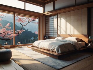 Japanese style bedroom interior design, simple style and cherry blossom tree outside the window - 788677384