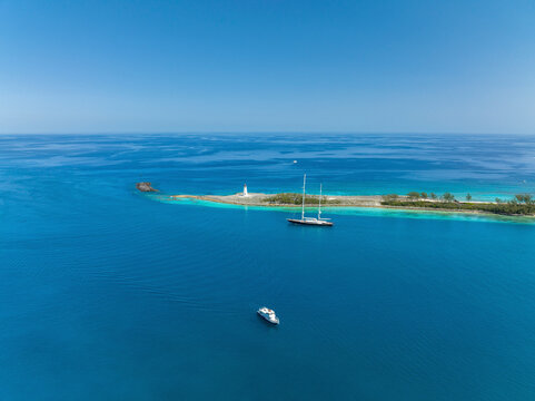 Aerial view of turquoise waters and Nassau Harbour Lighthouse on Paradise Island, Nassau, The Bahamas.