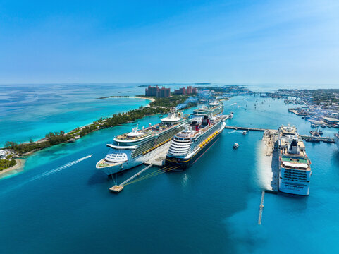 Nassau, The Bahamas - 16 April 2024: Aerial view of clear turquoise waters and sandy beaches, Nassau Harbour, Paradise Island, The Bahamas.