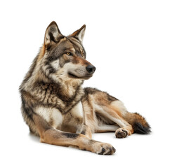 Fototapeta premium Relaxed grey wolf lying down on white background
