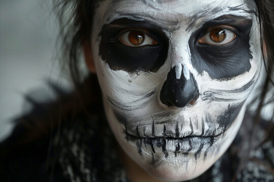 A woman with a painted face that looks like a skull. The woman is wearing a black scarf and has a black and white makeup