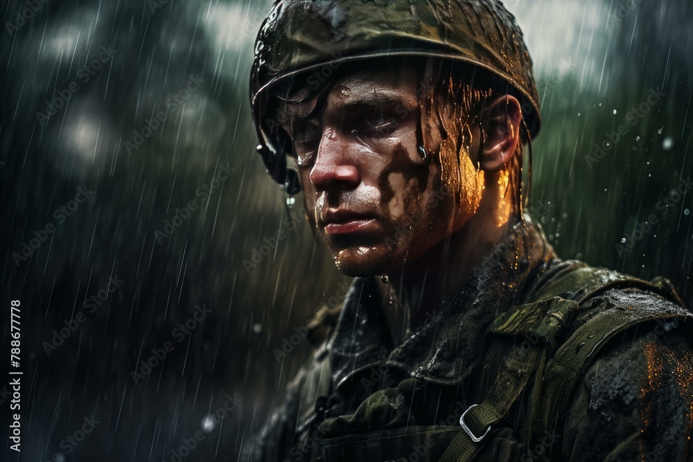 Poster Flowing Soldier water rain river. Man ops. Generate Ai