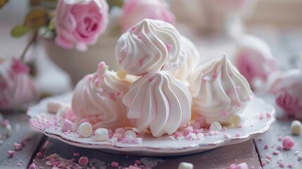 Obraz na płótnie Canvas lovely pastel rose meringues zephyrs marshmallows on the vintage table