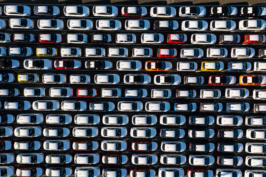 Aerial view of scrap yard with rows of old cars at Fremantle Port, Perth, Australia.