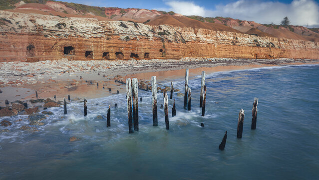 Aerial view of Port Willunga beach and jetty, Adelaide, South Australia, Australia.