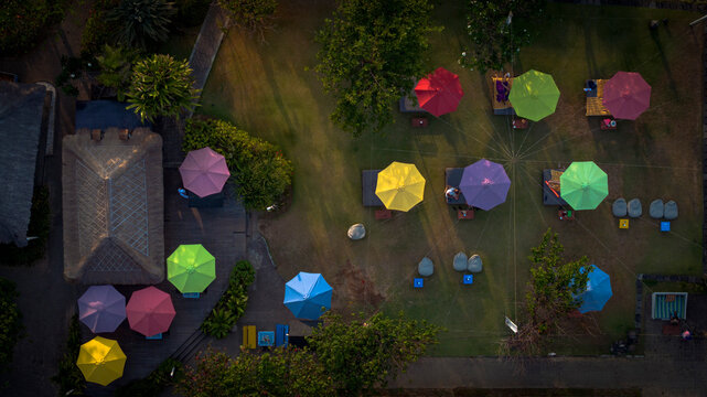 Aerial view of colourful umbrellas, Ayodya Bali, Kuta Selatan, Indonesia.